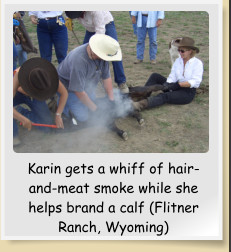 Karin gets a whiff of hair-and-meat smoke while she helps brand a calf (Flitner Ranch, Wyoming)